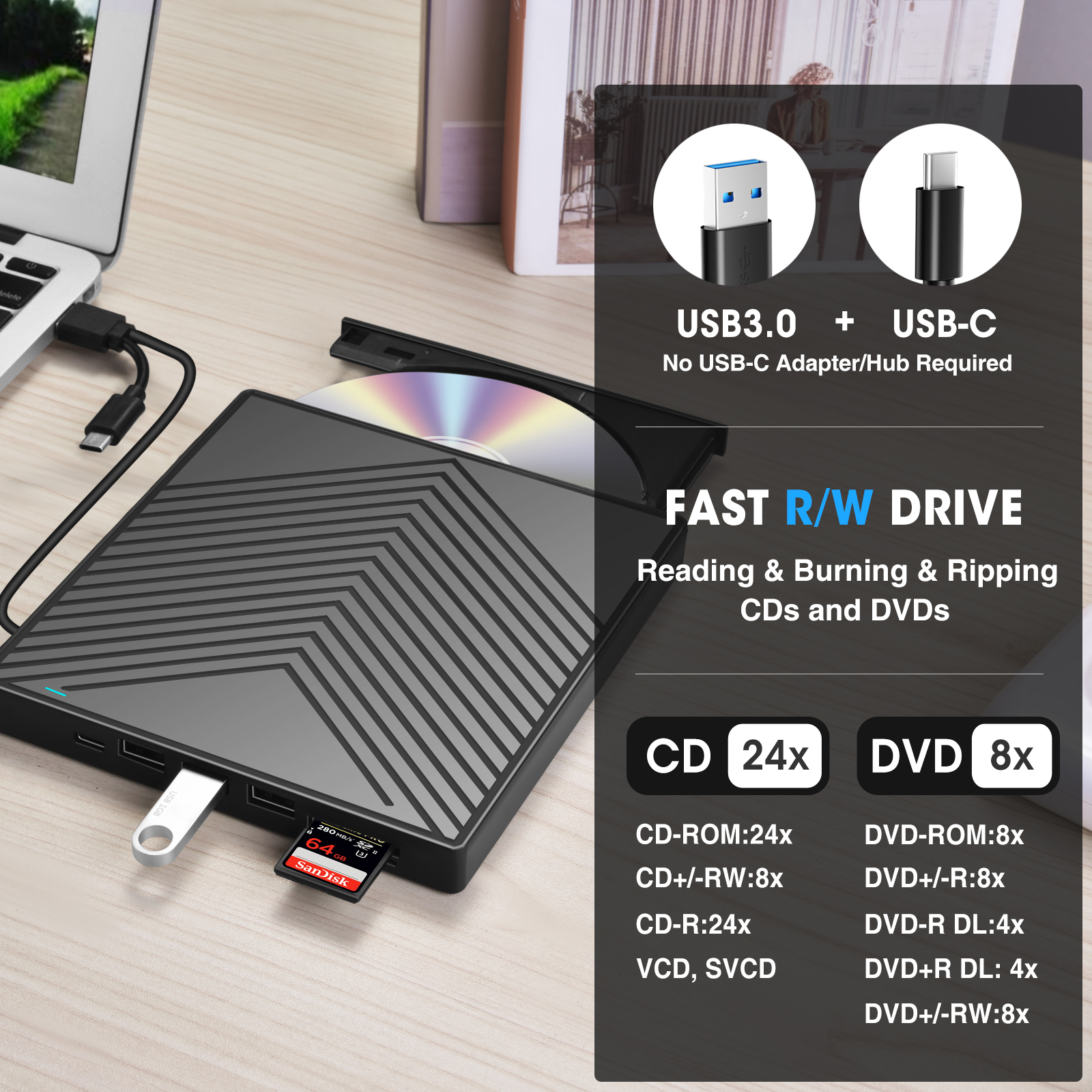 CABLING® Lecteur DVD Externe USB 3.0 Lecteur DVD CD Externe Portable CD DVD  +/-RW ROM Player Ultra Slim Compatib Windows 10/8/7/XP/Vista, Linux
